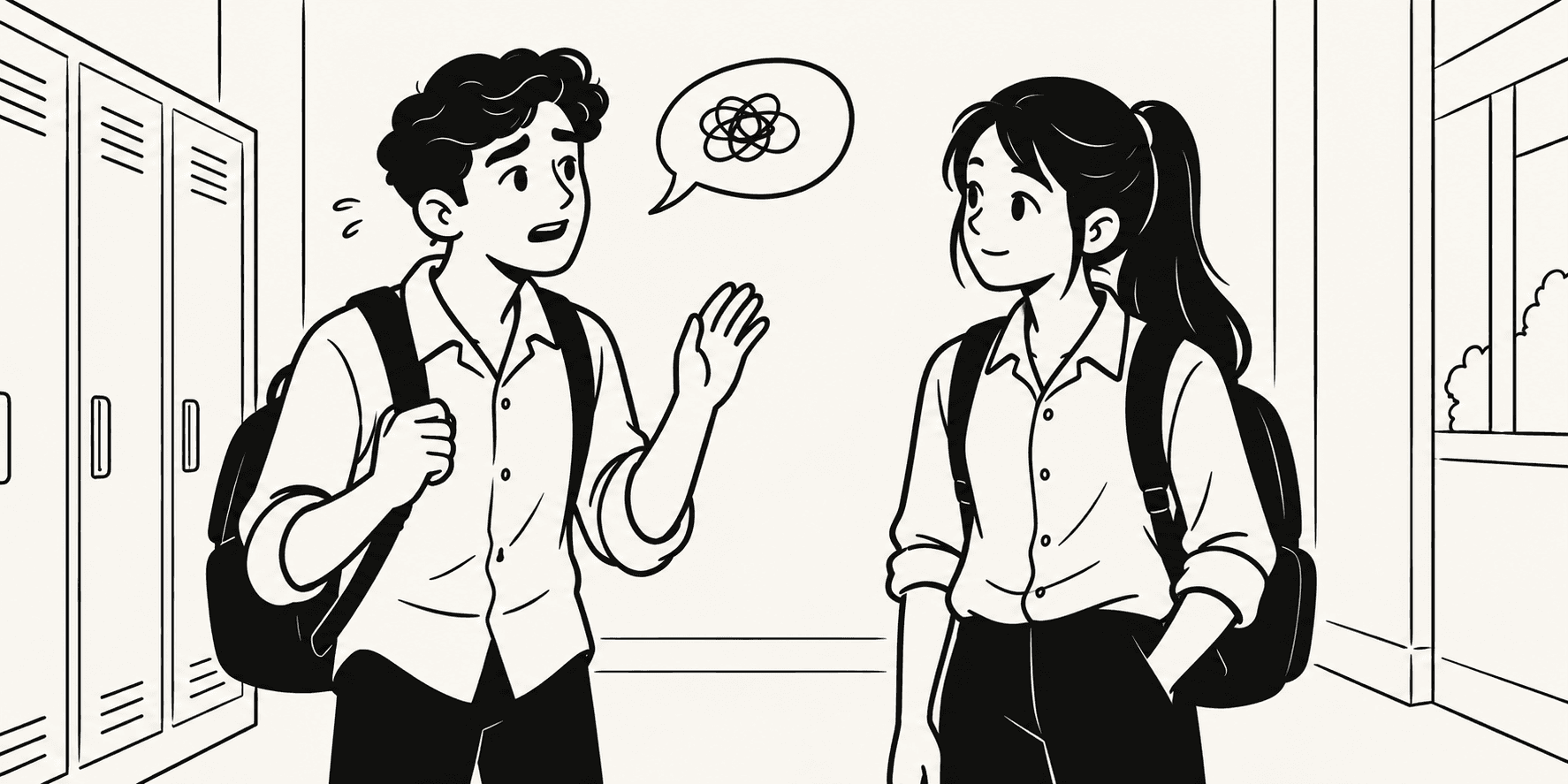 Ink illustration of a nervous schoolboy on the left trying to find the words to speak to a girl on the right.
